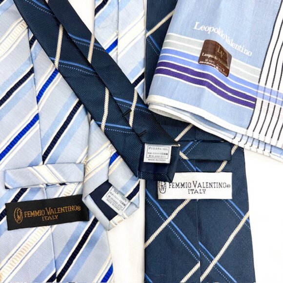 Set: 2 Valentino F Neckties Blue Striped +1 Valentino L Blue Handkerchief (60) - Picture 10 of 11